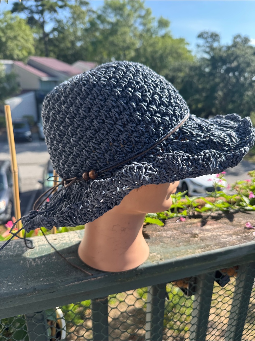 Crocheted Wide-Brim Sun Hat with shaping wire & Bead Accent - Navy